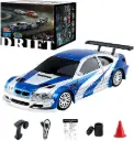 Mini RC Car, 1:43 High Speed Race Car, 2.4GHz 4WD Hobby Toy Car with LED Lights and Drift Tires for Adults (Blue+White)