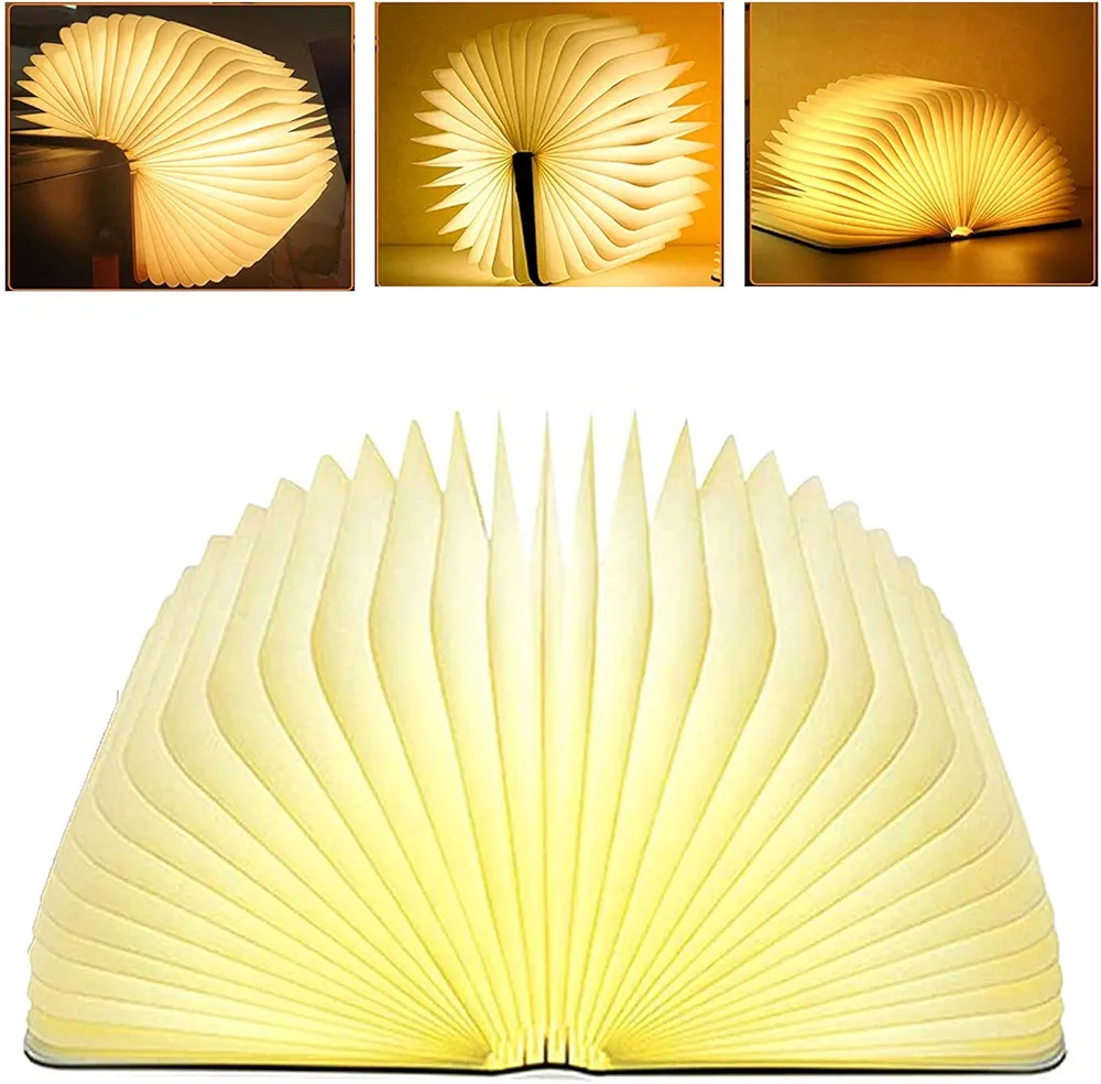 Lamp Book Large Size Folding Mood Light, Novelty LED Night Light, USB Large Capacity Rechargeable Wooden Table Lamp