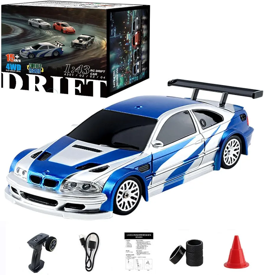 Mini RC Car, 1:43 High Speed Race Car, 2.4GHz 4WD Hobby Toy Car with LED Lights and Drift Tires for Adults (Blue+White)